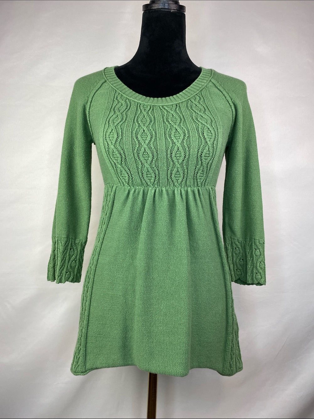 Calvin Klein Jeans Green Cable Knit Babydoll Sweater 3/4 Sleeve Size Small